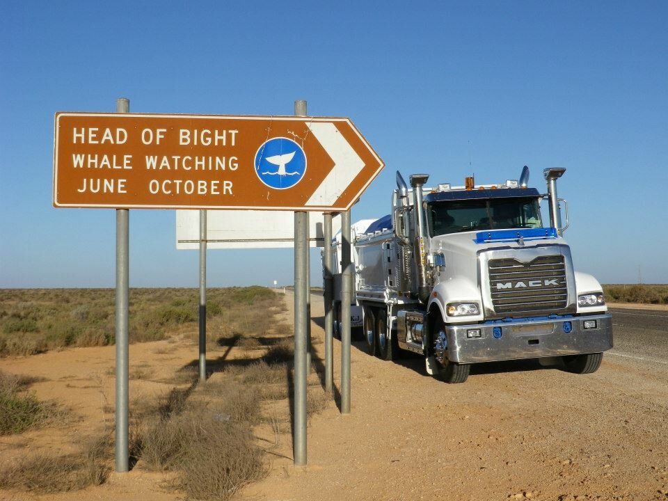 K & J truck beside the Head of Bight sign on the Nullarbor